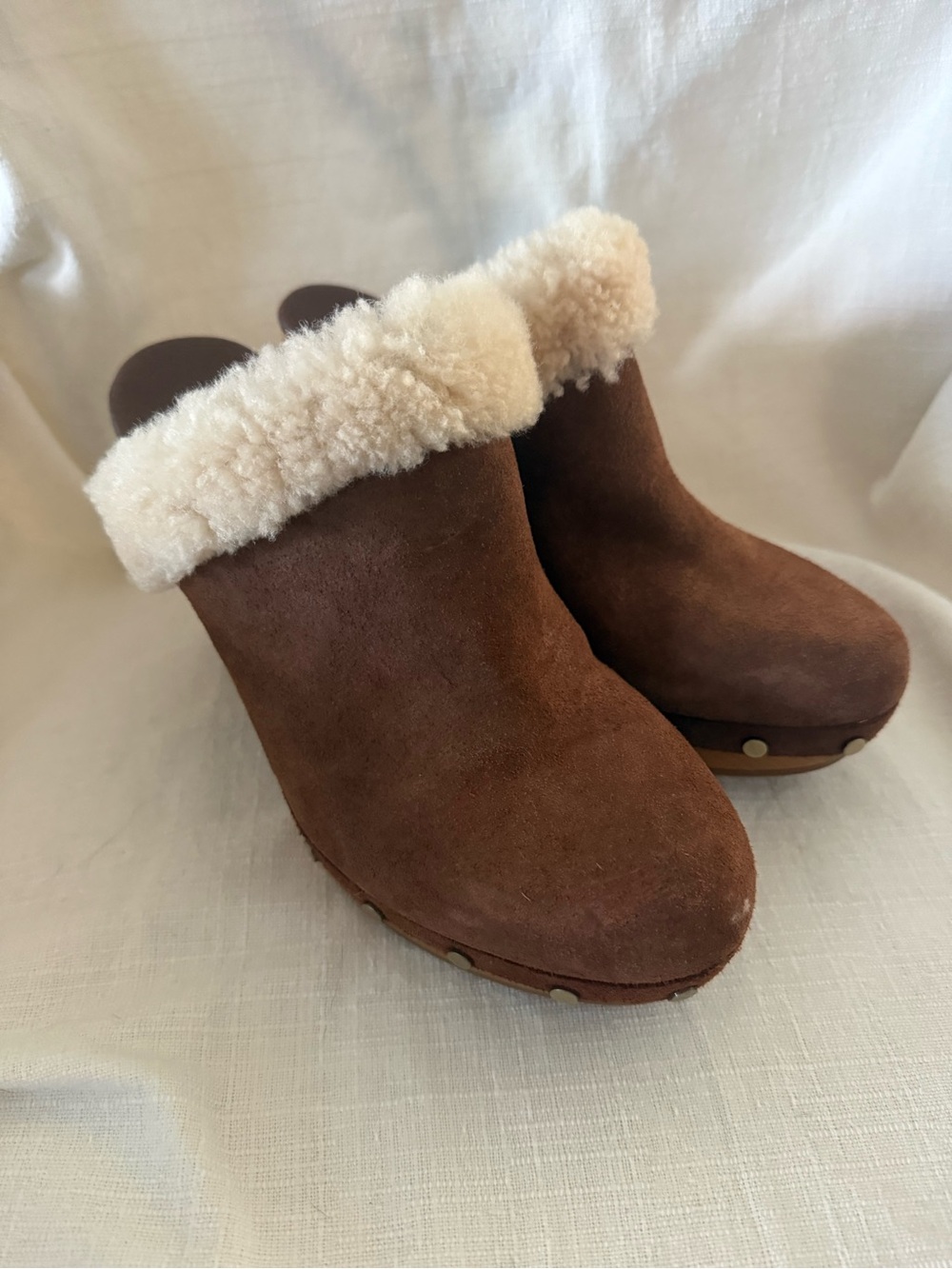 UGG Brown Suede Shearling Clog Mules